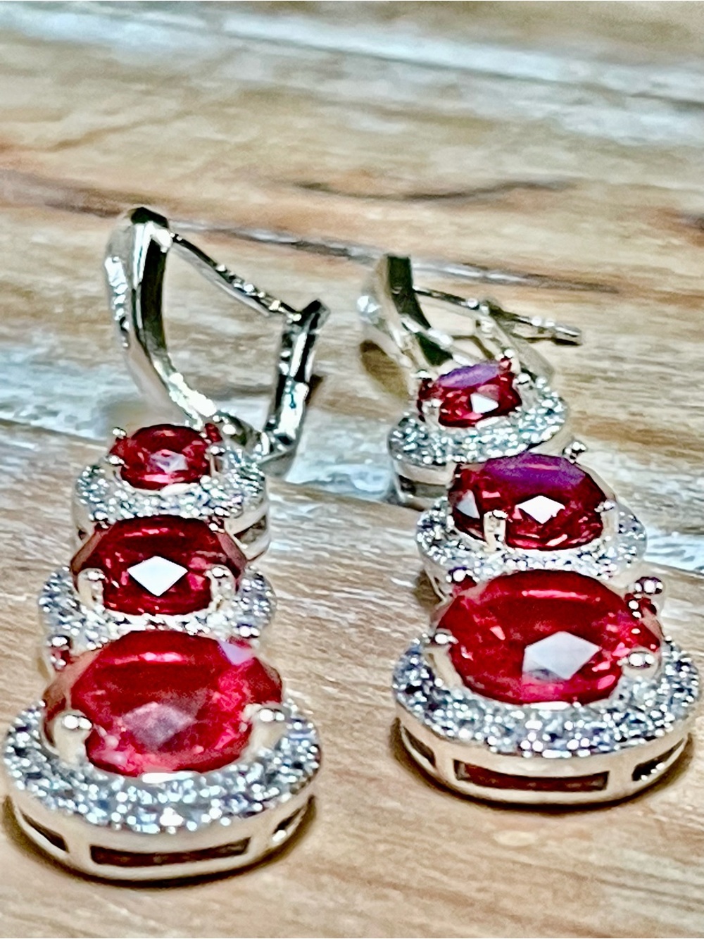 Ruby Drop Triple Red Halo Dangle Earrings - Women's Sparkling Jewelry - Picture 2 of 5